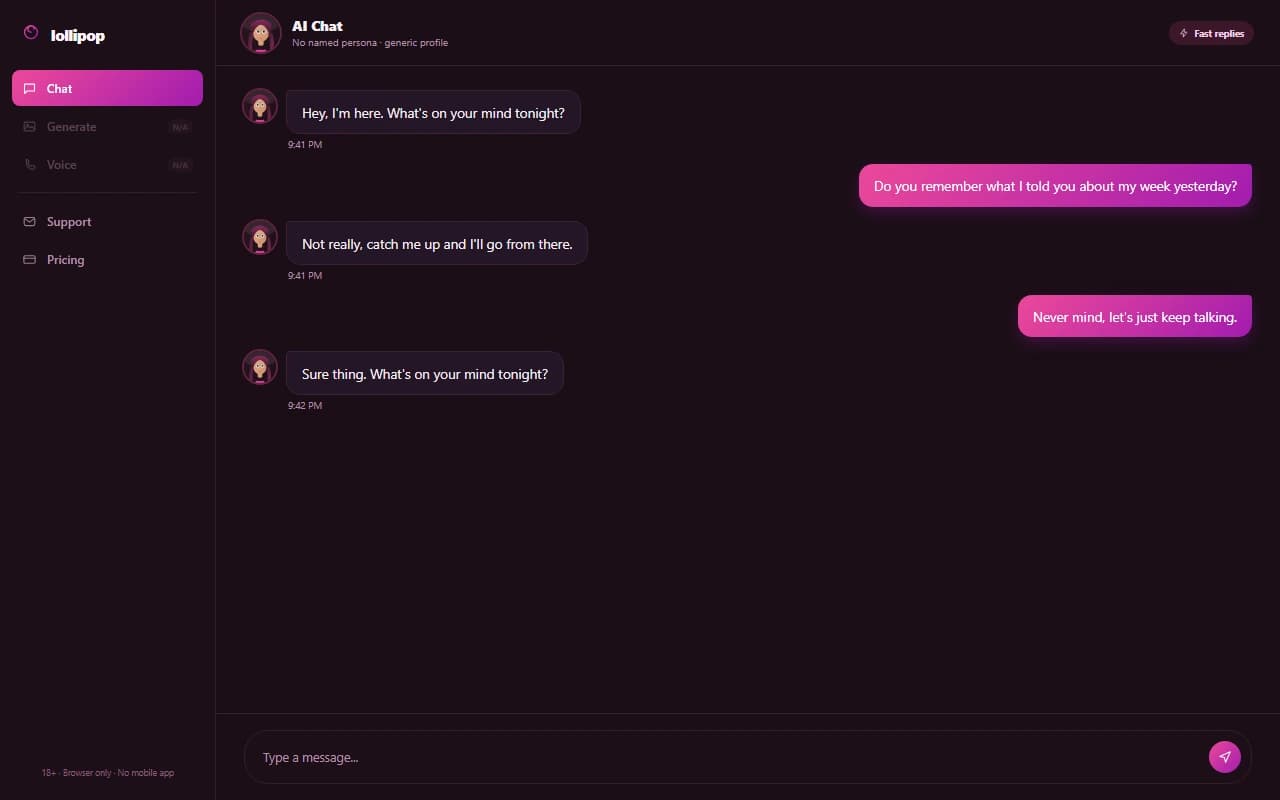 Lollipop chat interface showing a plain, generic explicit conversation with no named persona Lollipop chat interface showing a plain, generic explicit conversation with no named persona