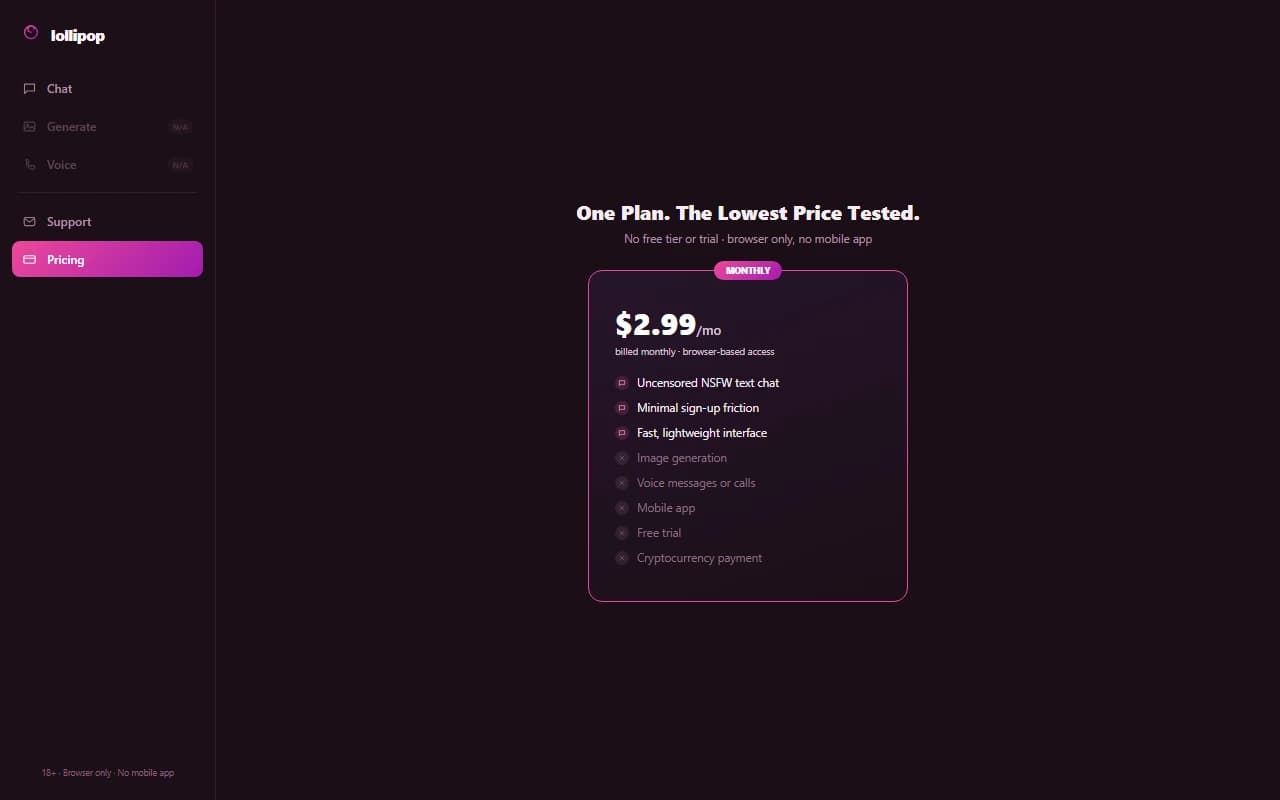 Lollipop pricing page showing the single $2.99 per month browser-only plan Lollipop pricing page showing the single $2.99 per month browser-only plan