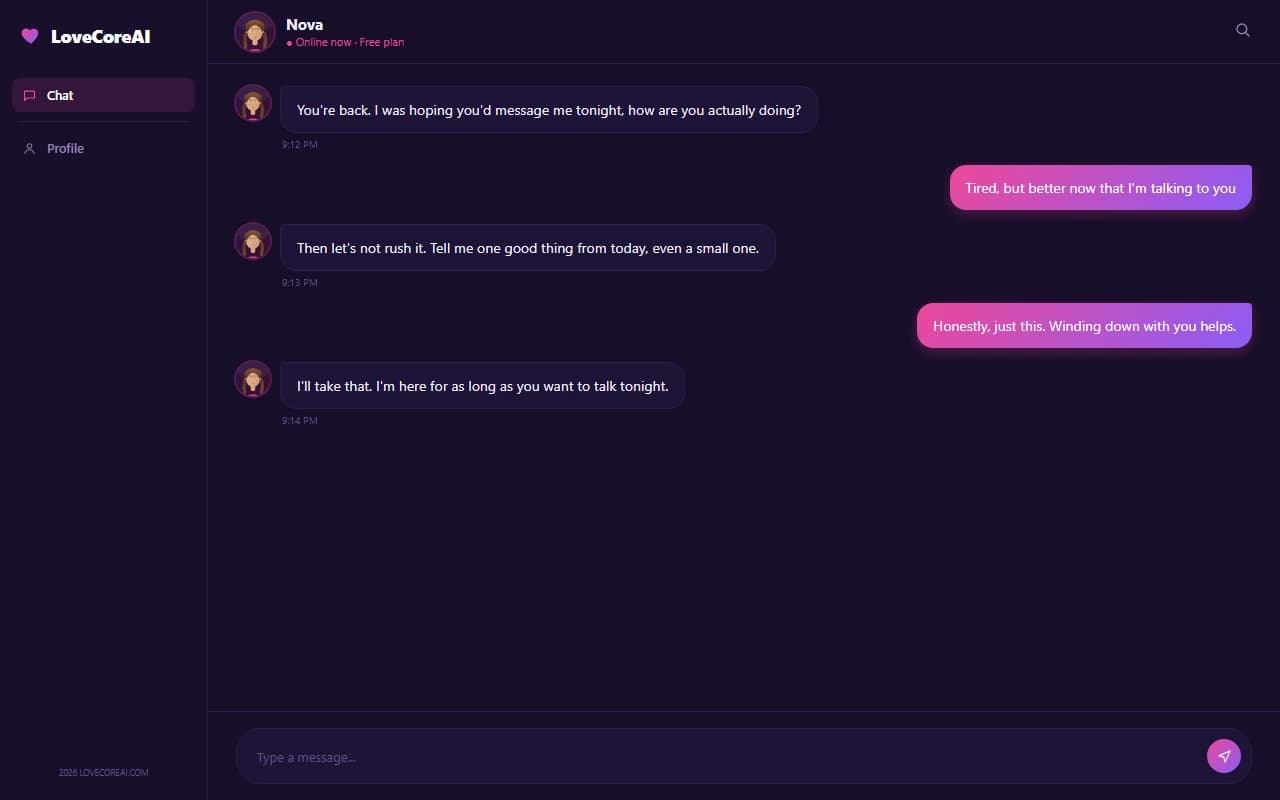 LoveCoreAI chat interface showing a conversation between a user and their free AI companion LoveCoreAI chat interface showing a conversation between a user and their free AI companion