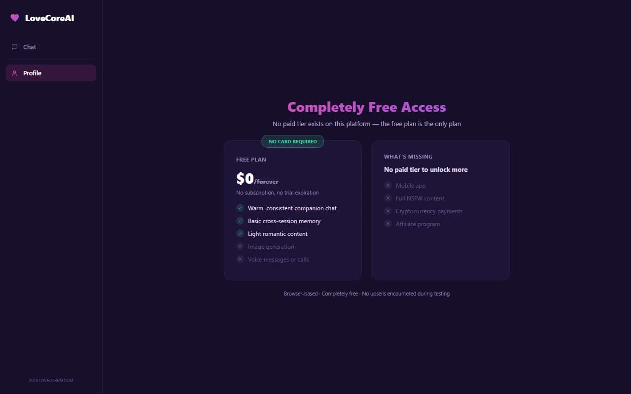 LoveCoreAI pricing screen showing the platform's completely free access with no paid tier LoveCoreAI pricing screen showing the platform's completely free access with no paid tier