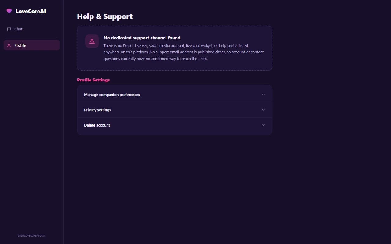 LoveCoreAI account screen showing no dedicated support channel found LoveCoreAI account screen showing no dedicated support channel found