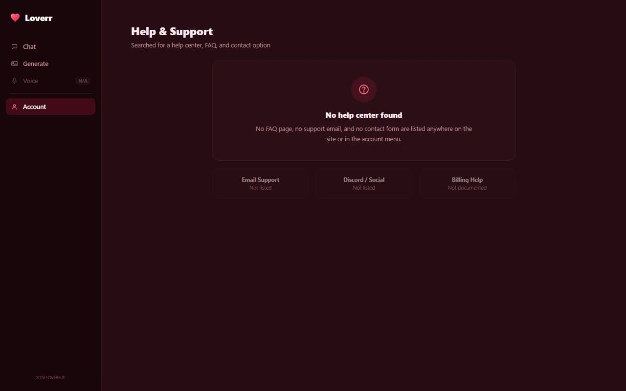 Loverr site showing no help center or support contact information Loverr site showing no help center or support contact information