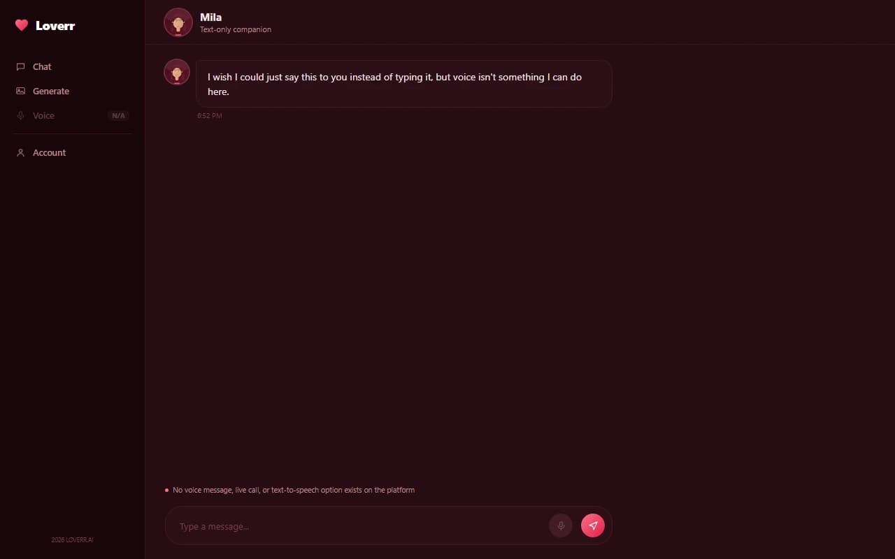 Loverr chat composer showing a text-only input with no voice option available Loverr chat composer showing a text-only input with no voice option available