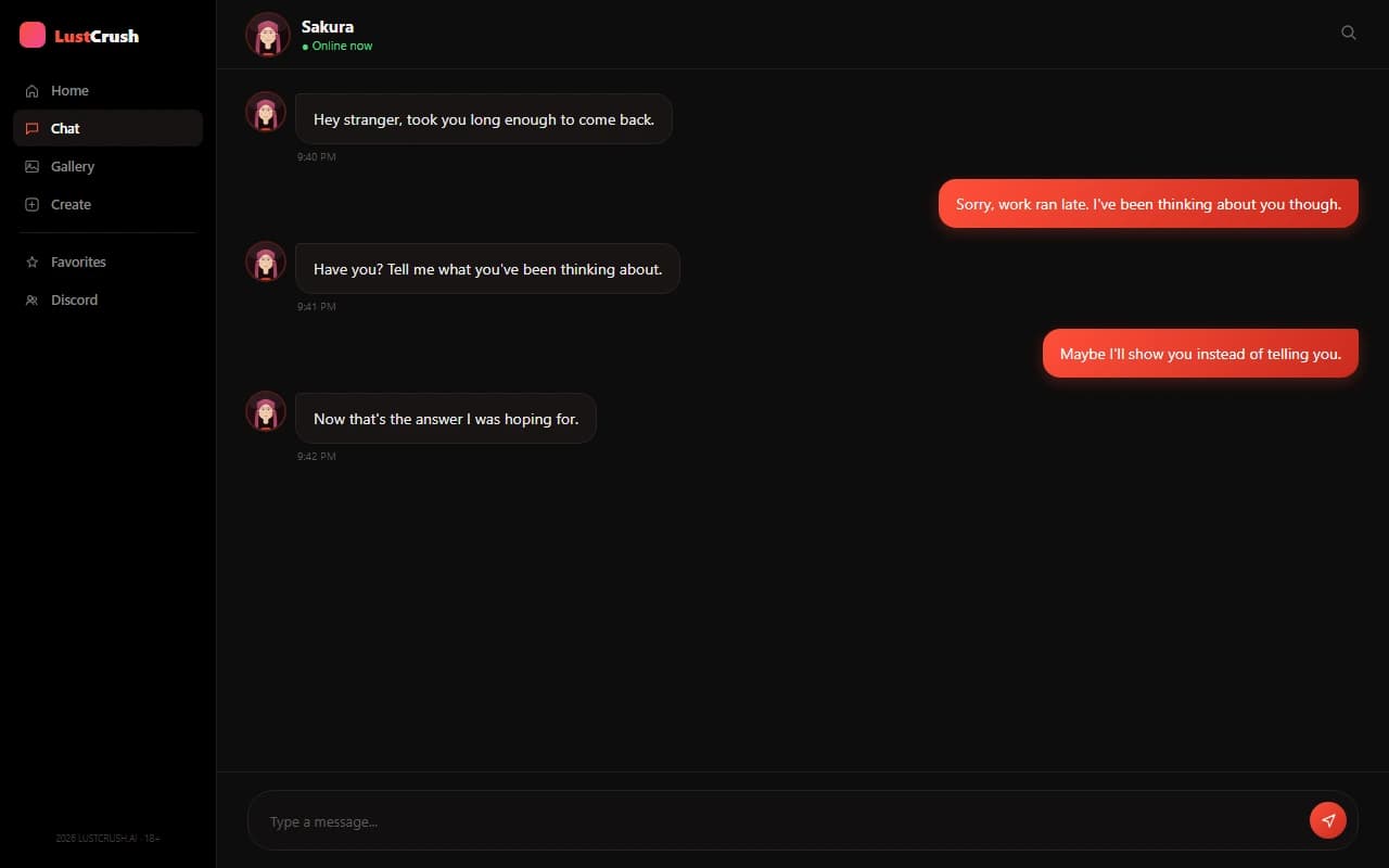 LustCrush chat interface showing a conversation with an AI companion LustCrush chat interface showing a conversation with an AI companion