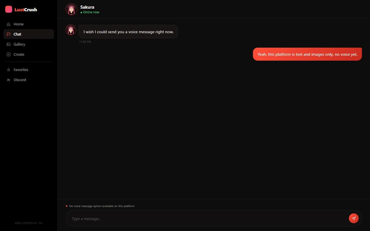 LustCrush chat screen showing no voice message option available LustCrush chat screen showing no voice message option available