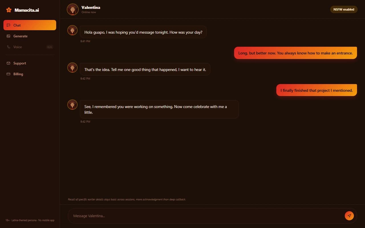 Mamacita.ai chat interface showing a warm, in-character Latina-themed companion conversation Mamacita.ai chat interface showing a warm, in-character Latina-themed companion conversation