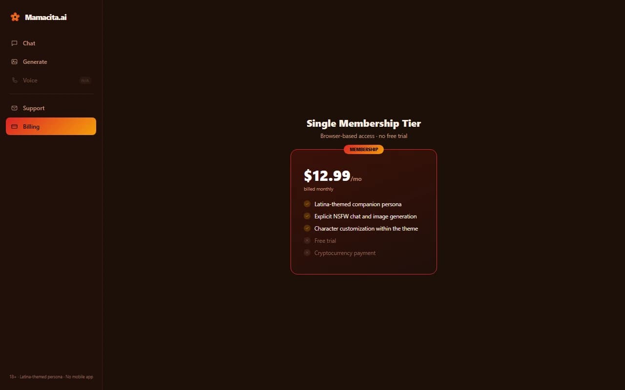 Mamacita.ai pricing page showing the single $12.99 per month membership tier Mamacita.ai pricing page showing the single $12.99 per month membership tier