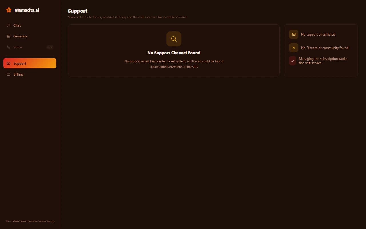 Mamacita.ai support screen showing no support email, help center, or community channel could be found Mamacita.ai support screen showing no support email, help center, or community channel could be found