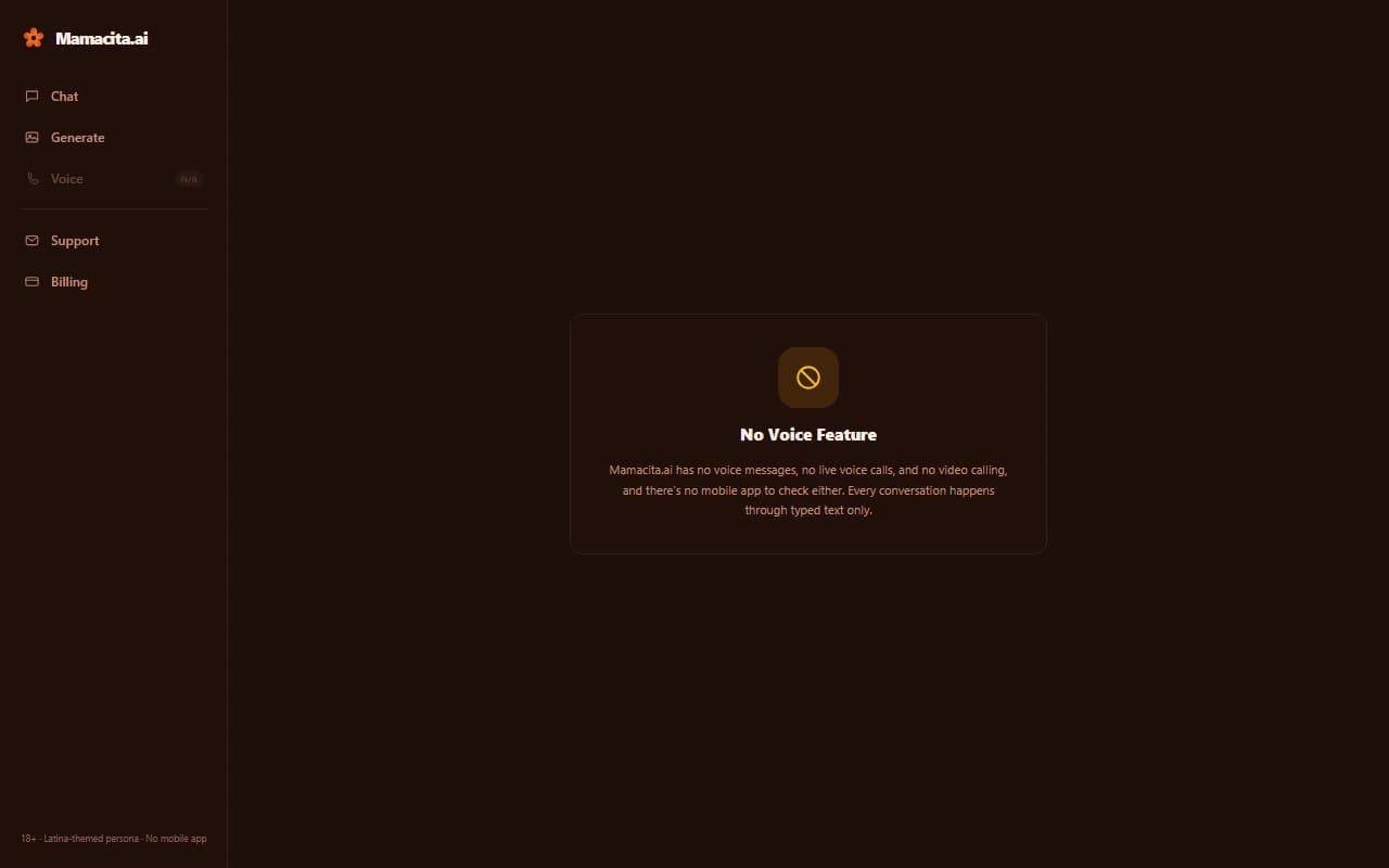 Mamacita.ai voice screen showing that no voice messaging or calling feature exists on the platform Mamacita.ai voice screen showing that no voice messaging or calling feature exists on the platform