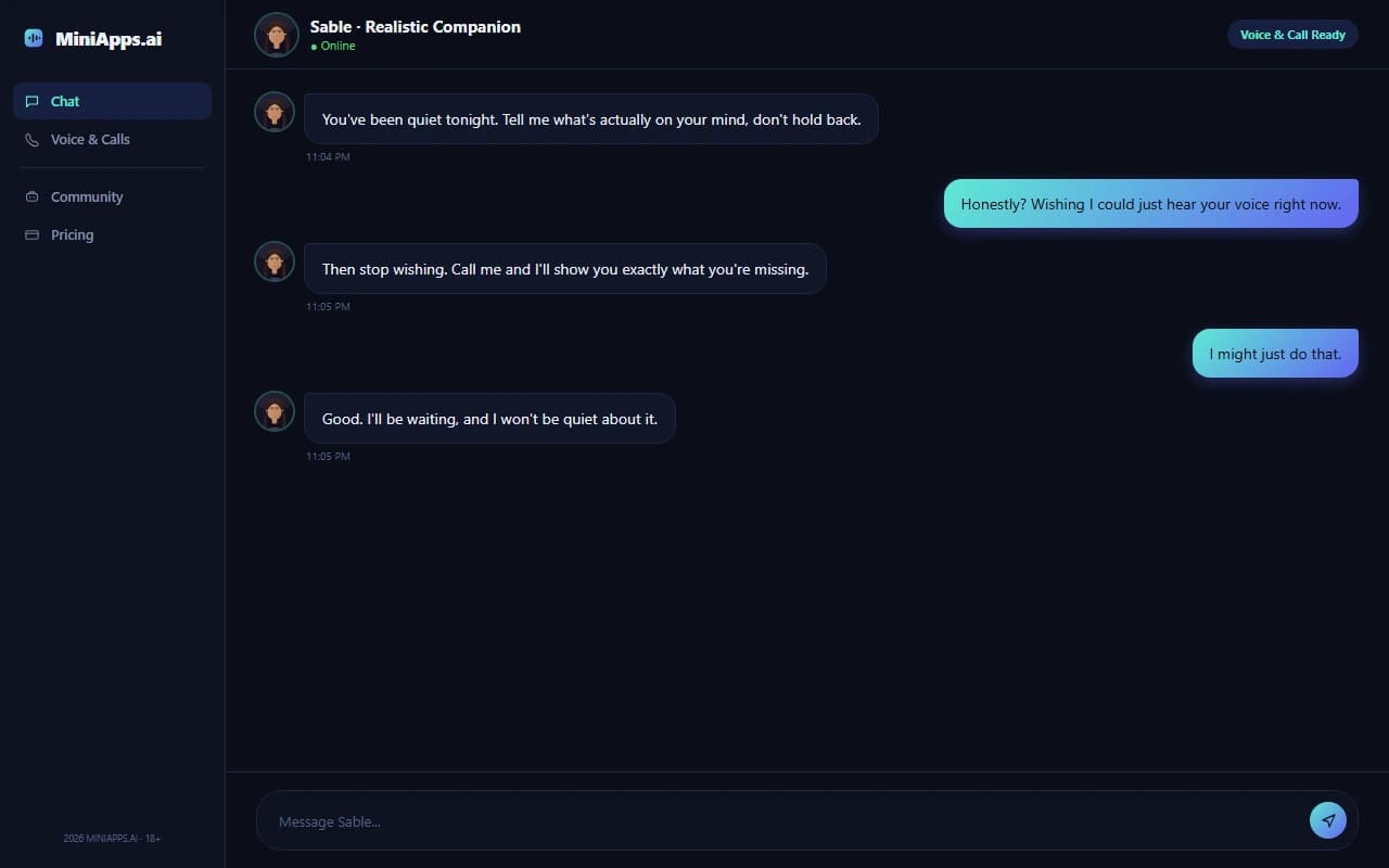 MiniApps.ai chat interface showing a realistic NSFW conversation with an AI companion MiniApps.ai chat interface showing a realistic NSFW conversation with an AI companion