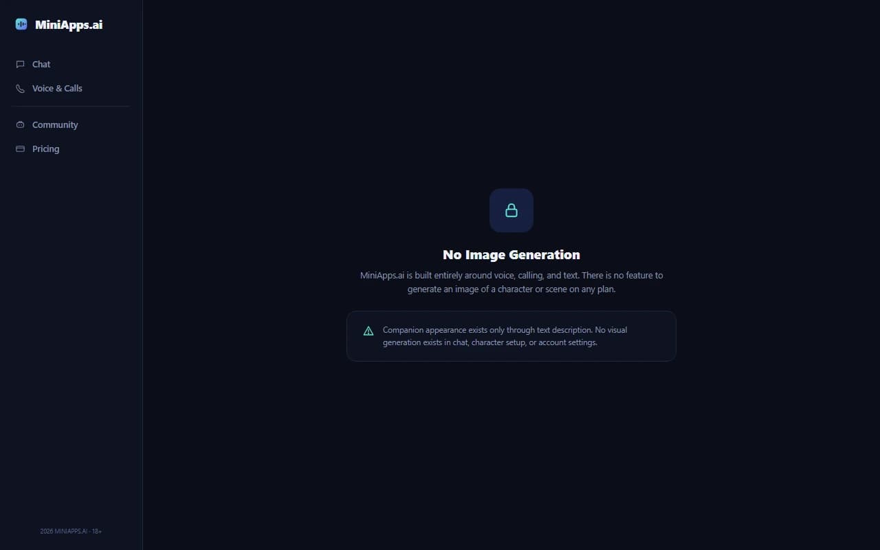 MiniApps.ai interface showing no image generation option available MiniApps.ai interface showing no image generation option available