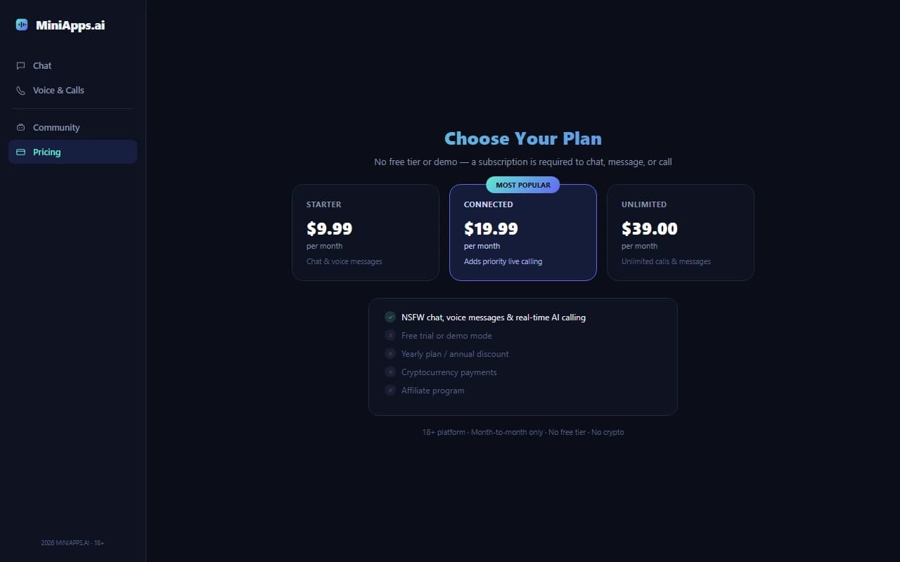MiniApps.ai pricing page showing monthly subscription plans MiniApps.ai pricing page showing monthly subscription plans