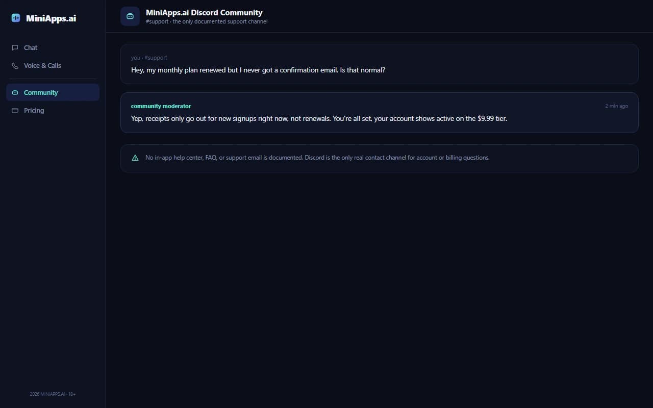 MiniApps.ai Discord community screen showing the platform's only support channel MiniApps.ai Discord community screen showing the platform's only support channel