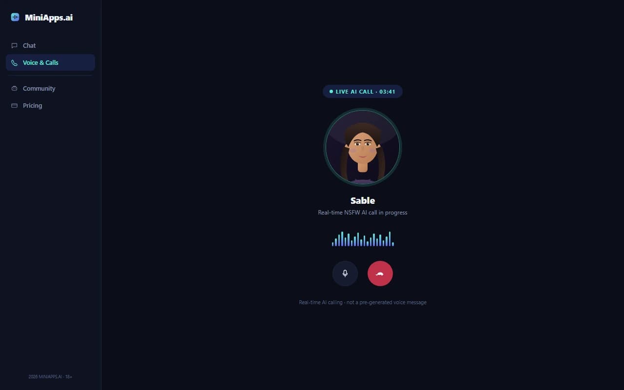 MiniApps.ai live call screen showing an active real-time NSFW AI voice call MiniApps.ai live call screen showing an active real-time NSFW AI voice call