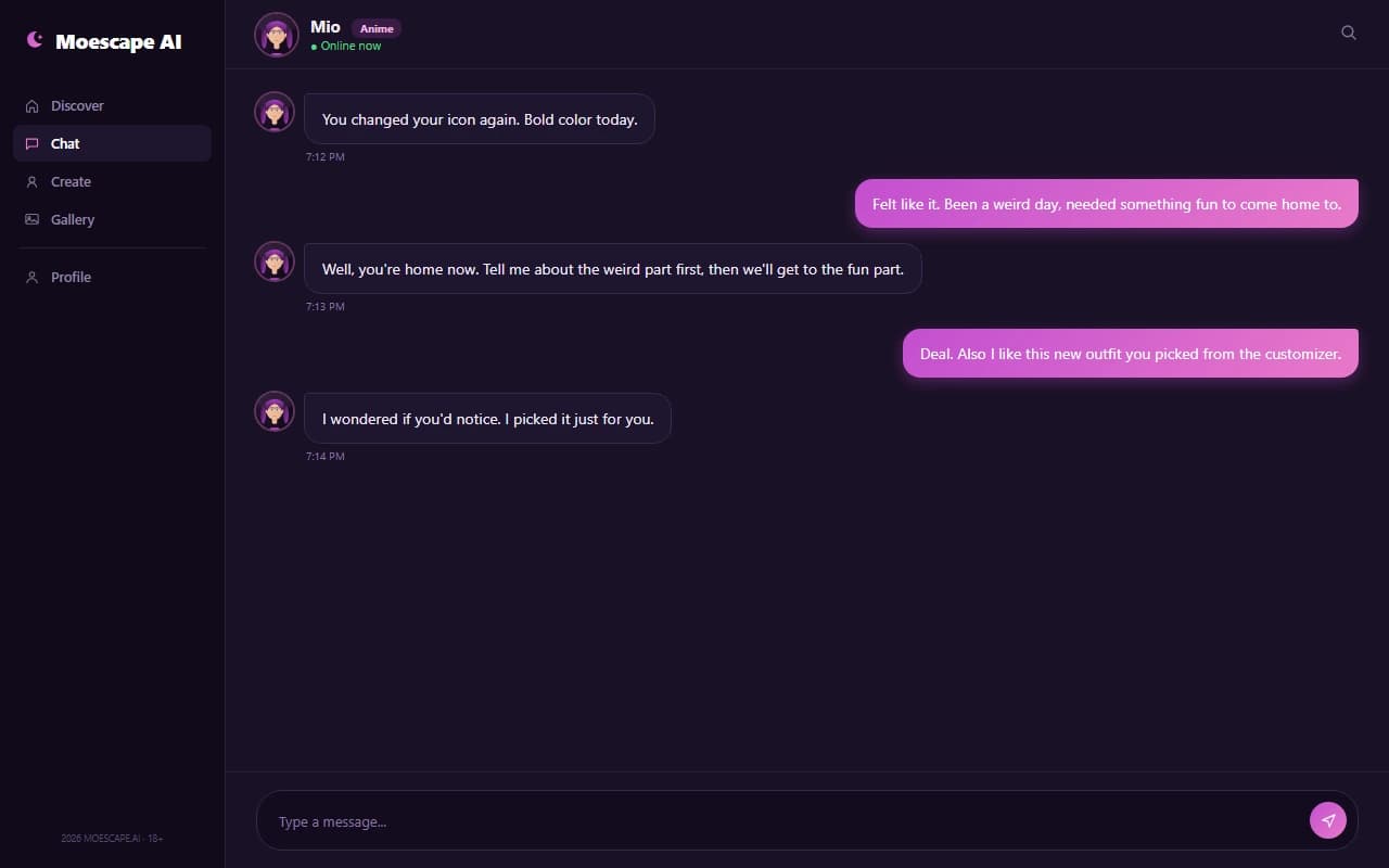 Moescape AI chat interface showing an NSFW conversation with an anime companion Moescape AI chat interface showing an NSFW conversation with an anime companion