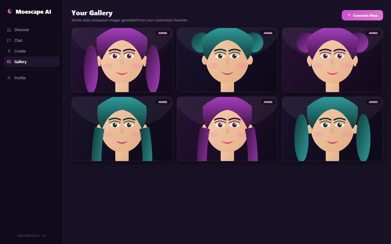 Moescape AI gallery showing generated anime-style companion portraits Moescape AI gallery showing generated anime-style companion portraits