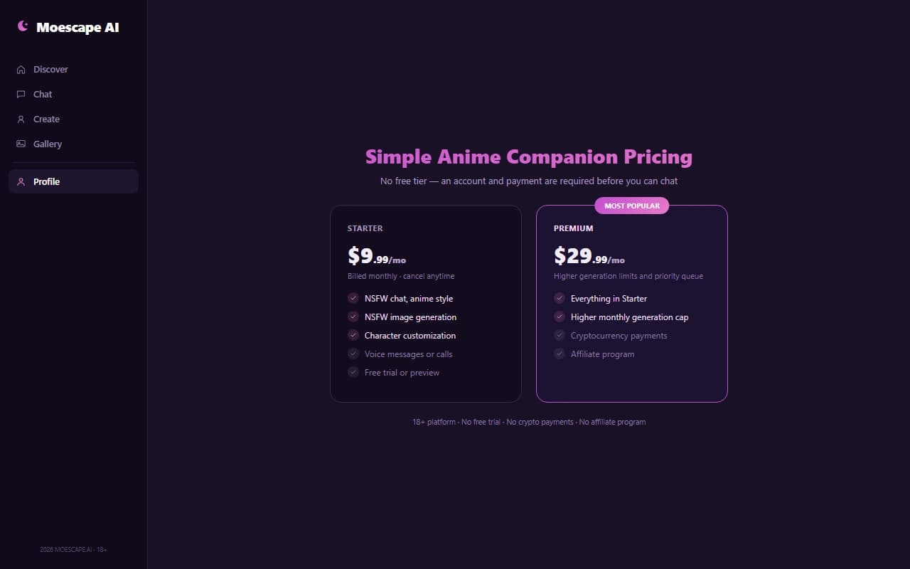 Moescape AI subscription pricing plans Moescape AI subscription pricing plans