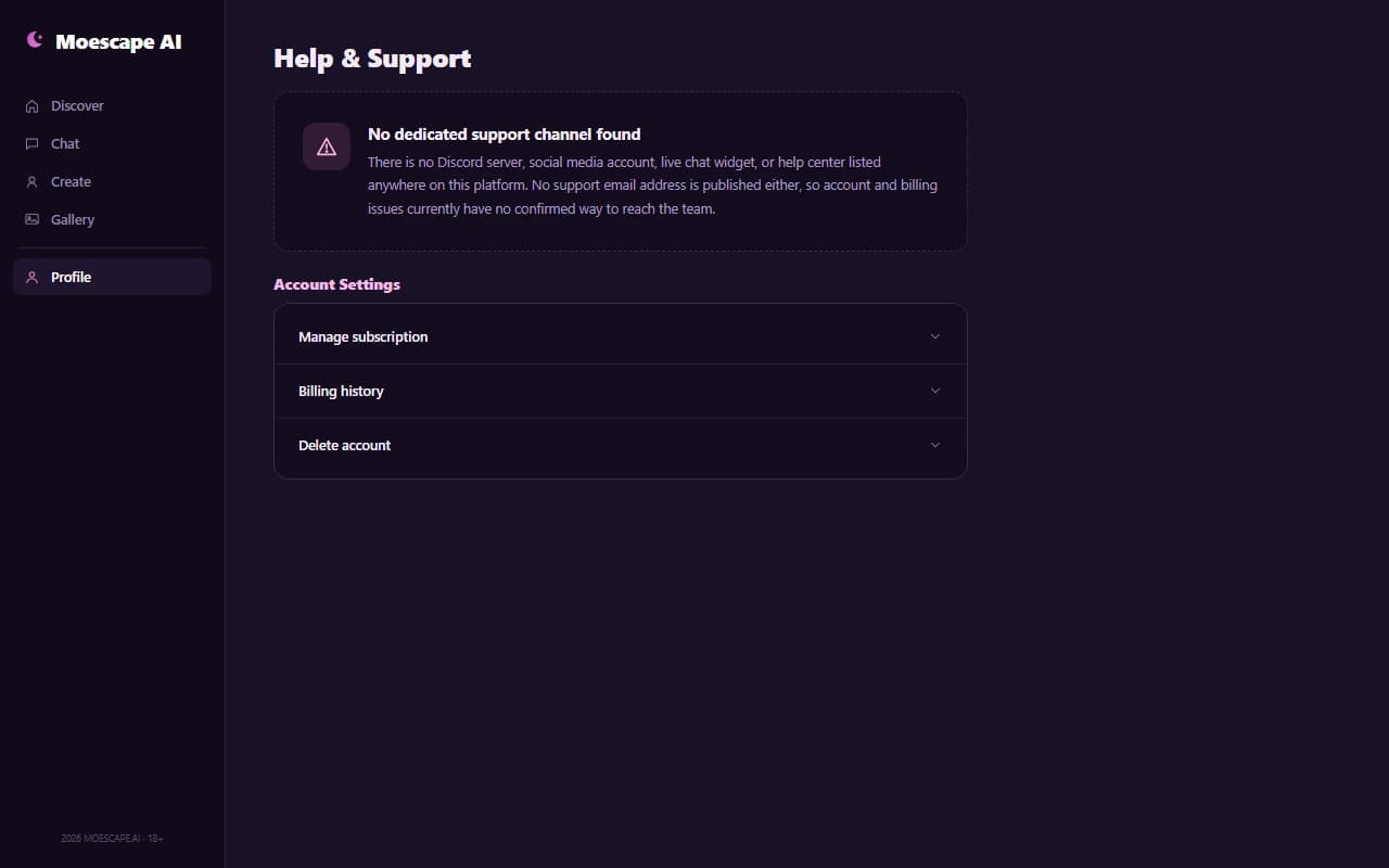 Moescape AI help screen showing no dedicated support channel found Moescape AI help screen showing no dedicated support channel found