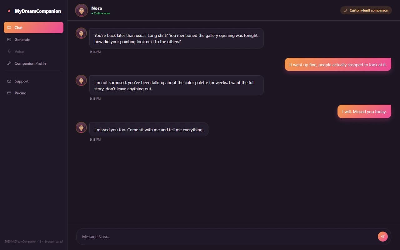 MyDreamCompanion chat interface showing a conversation with a custom-built AI companion MyDreamCompanion chat interface showing a conversation with a custom-built AI companion