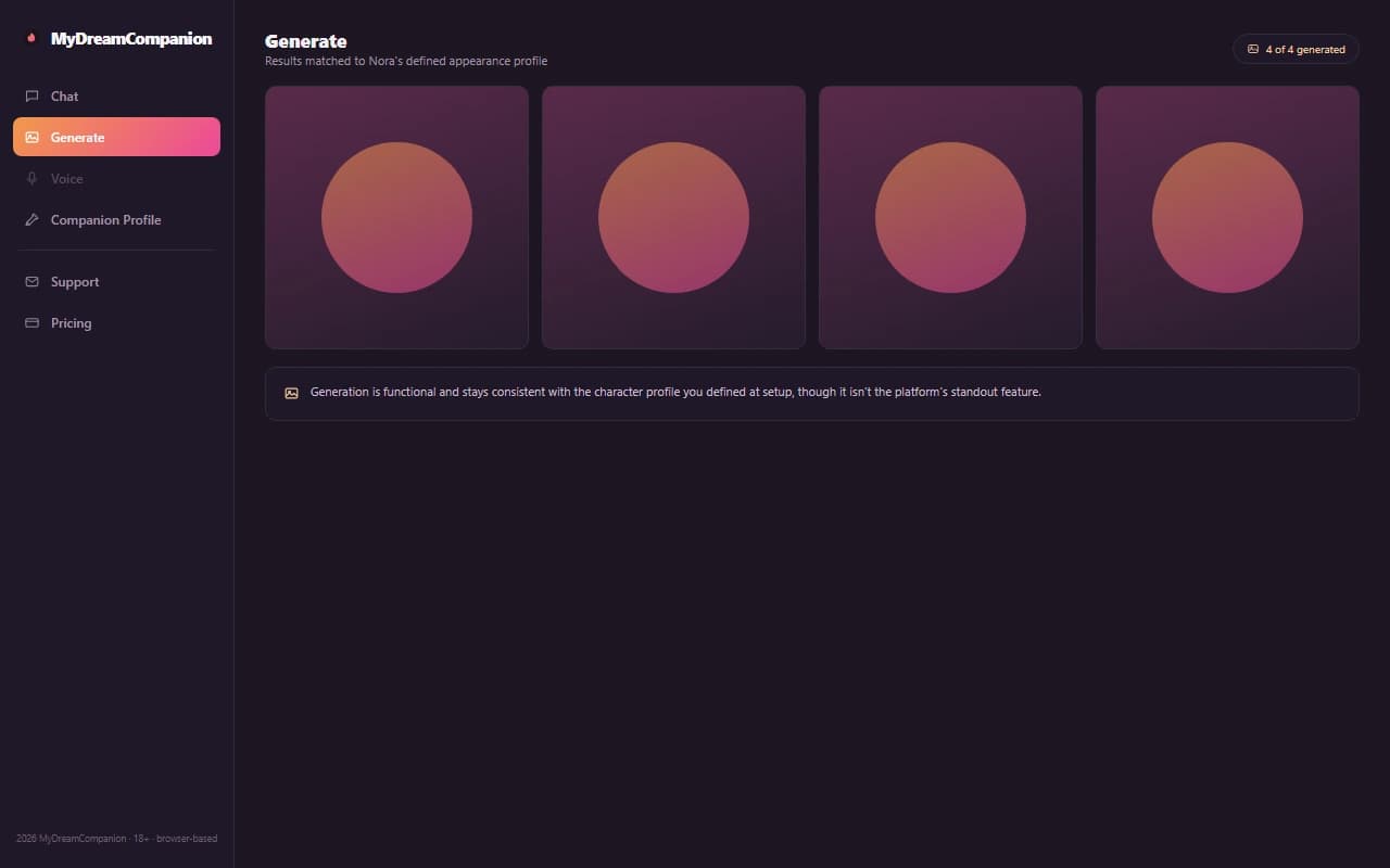 MyDreamCompanion image generation results grid matched to a companion's defined appearance MyDreamCompanion image generation results grid matched to a companion's defined appearance