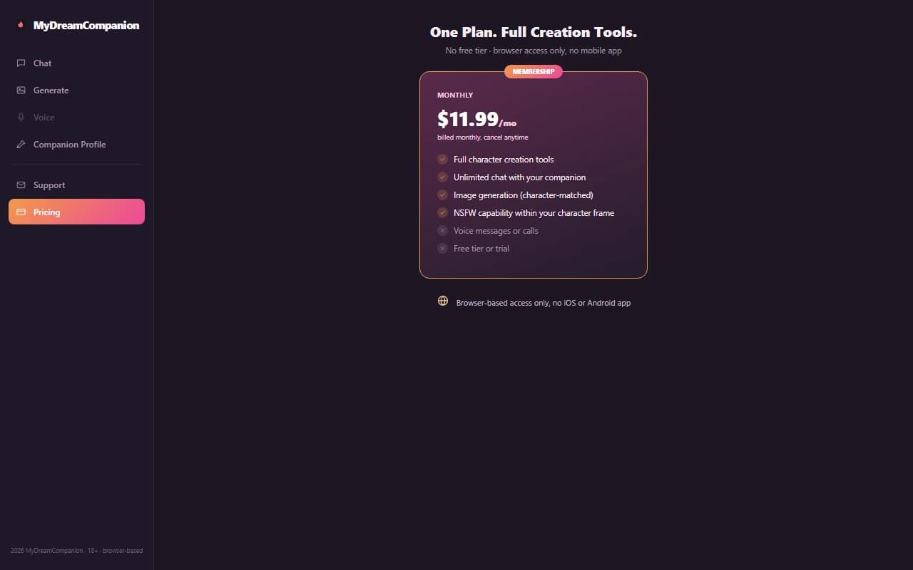 MyDreamCompanion pricing page showing the single monthly membership plan MyDreamCompanion pricing page showing the single monthly membership plan