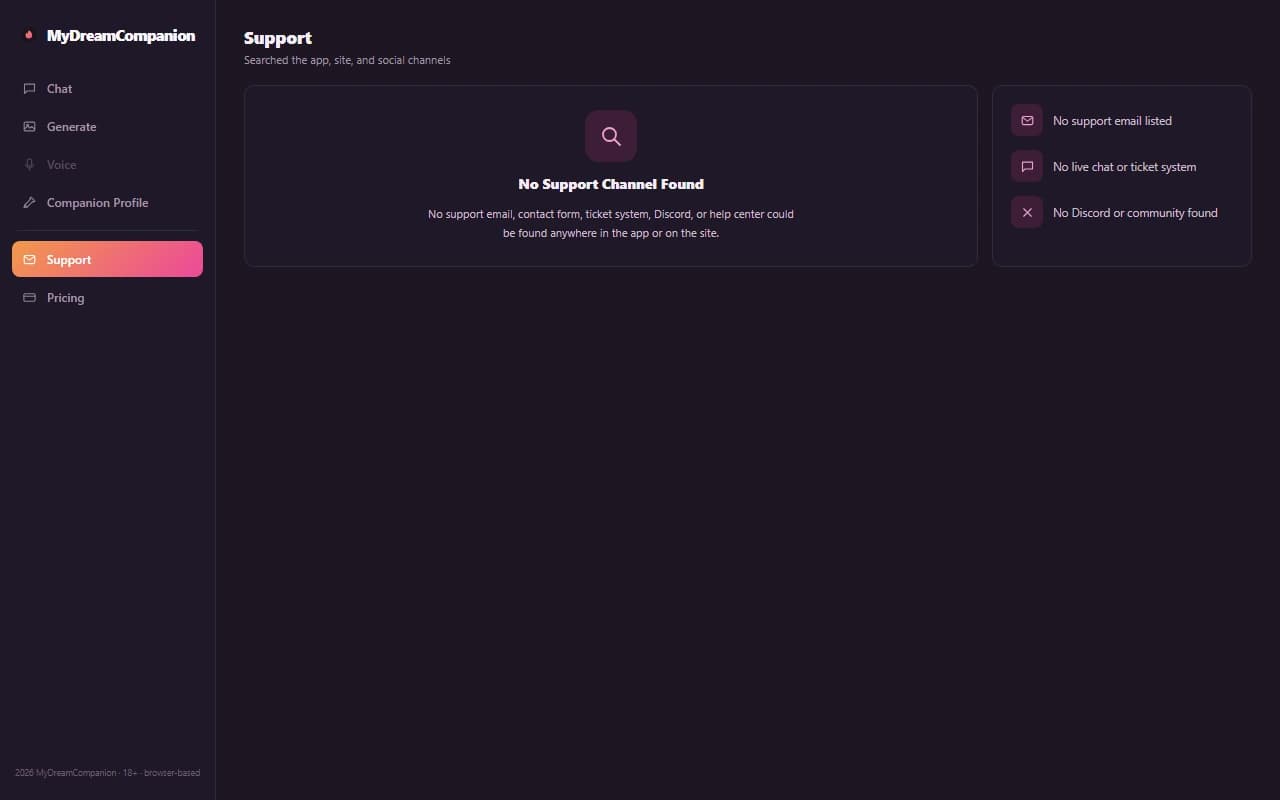 MyDreamCompanion support page showing no available contact channel MyDreamCompanion support page showing no available contact channel