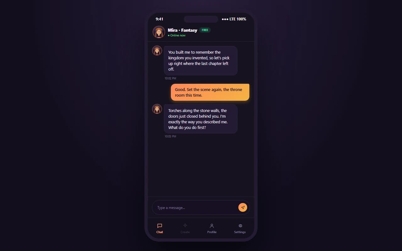 MyFantasy.AI mobile chat interface showing a fantasy roleplay conversation with an AI companion MyFantasy.AI mobile chat interface showing a fantasy roleplay conversation with an AI companion