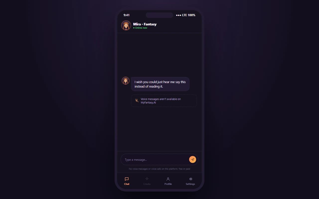MyFantasy.AI screen showing no voice message or voice call feature is available MyFantasy.AI screen showing no voice message or voice call feature is available