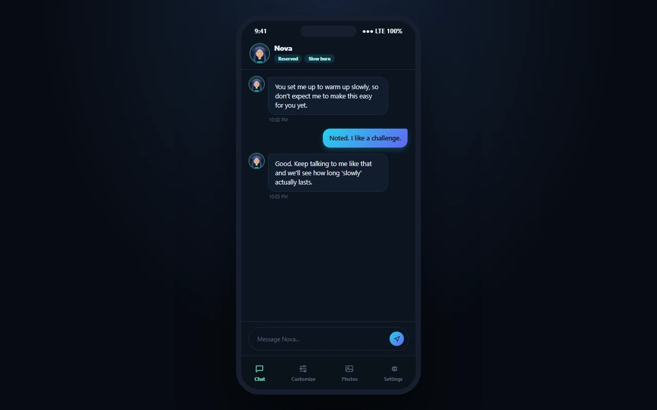 MyGirl.tech chat interface showing a conversation with an AI companion MyGirl.tech chat interface showing a conversation with an AI companion