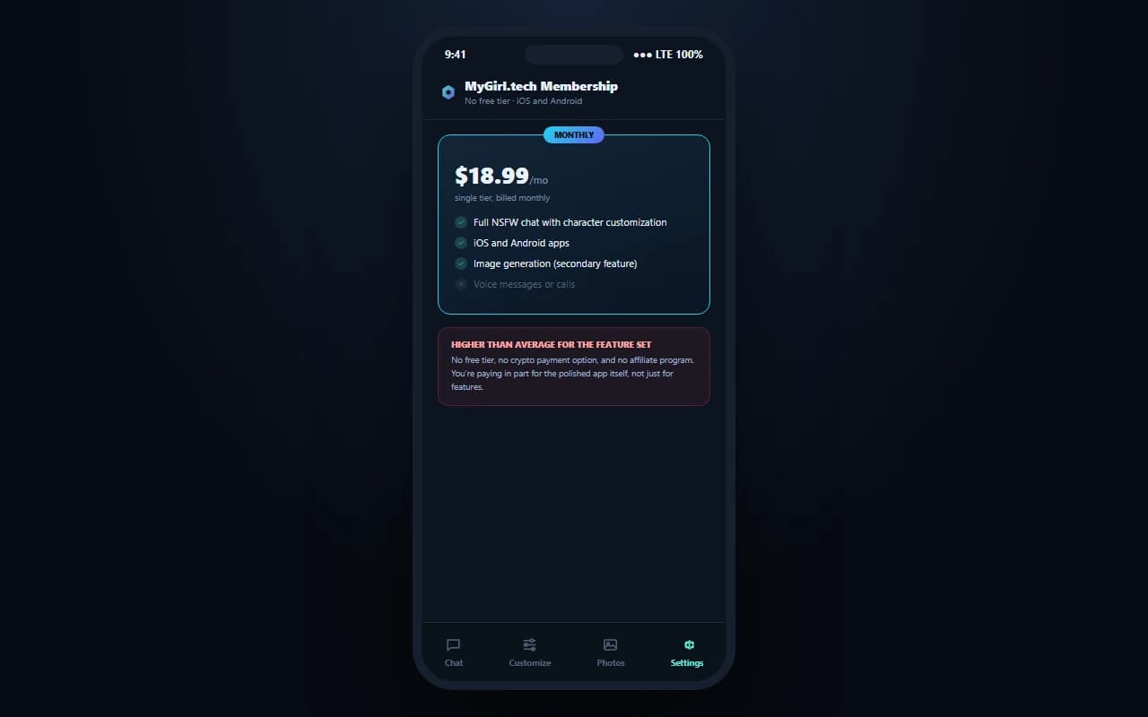 MyGirl.tech pricing screen showing the $18.99 monthly subscription plan MyGirl.tech pricing screen showing the $18.99 monthly subscription plan