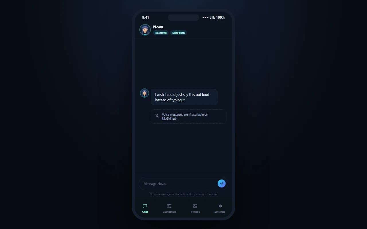MyGirl.tech chat screen showing no voice messaging option available MyGirl.tech chat screen showing no voice messaging option available