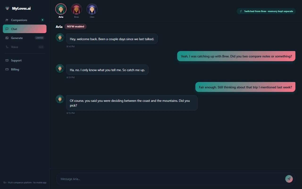 MyLoves.ai chat interface showing separate conversations with three distinct AI companions MyLoves.ai chat interface showing separate conversations with three distinct AI companions