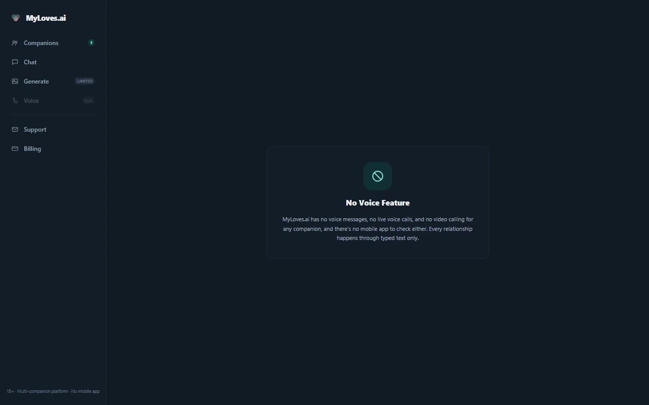 MyLoves.ai voice screen showing that no voice messaging or calling feature exists on the platform MyLoves.ai voice screen showing that no voice messaging or calling feature exists on the platform