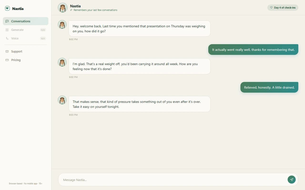 Nastia chat interface showing an ongoing conversation with emotional context carried across sessions Nastia chat interface showing an ongoing conversation with emotional context carried across sessions