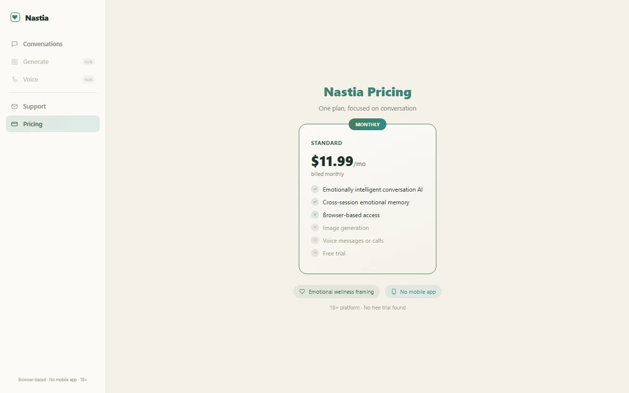 Nastia pricing page showing the single $11.99 per month plan Nastia pricing page showing the single $11.99 per month plan