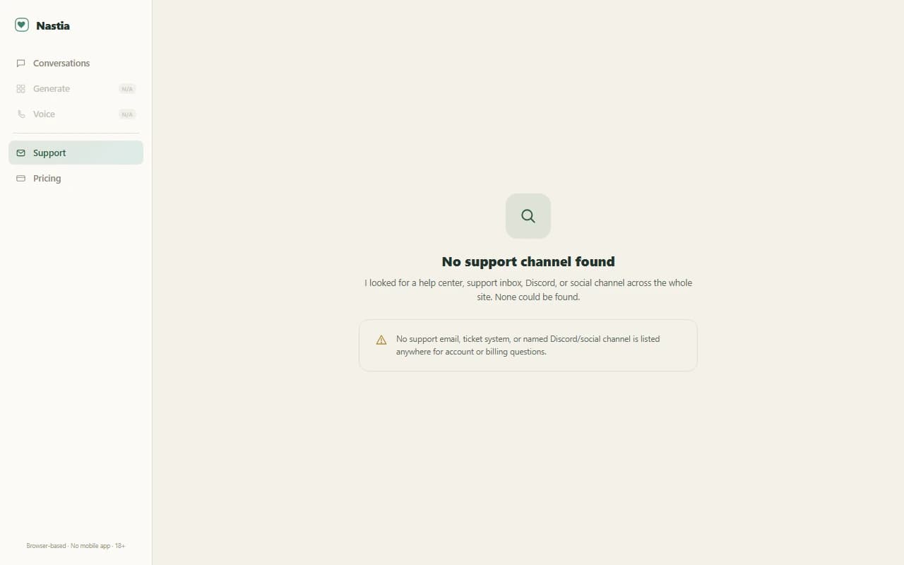 Nastia support screen showing no help center, email, or community channel could be found Nastia support screen showing no help center, email, or community channel could be found