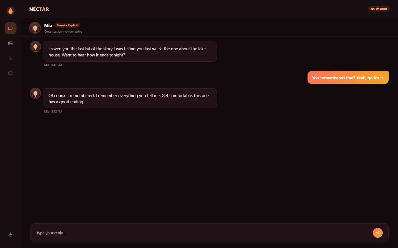 Nectar.ai chat interface showing a conversation with an AI companion Nectar.ai chat interface showing a conversation with an AI companion