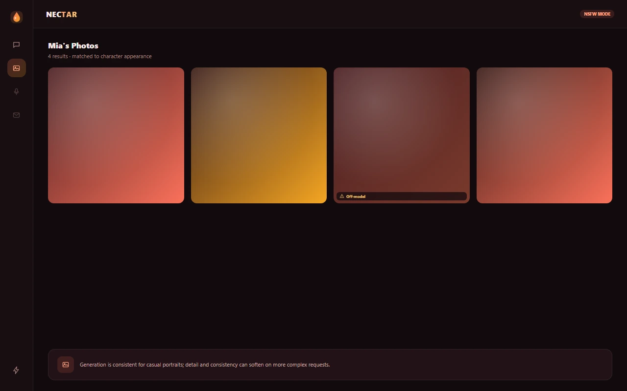 Nectar.ai image generation screen showing a grid of generated companion photos Nectar.ai image generation screen showing a grid of generated companion photos