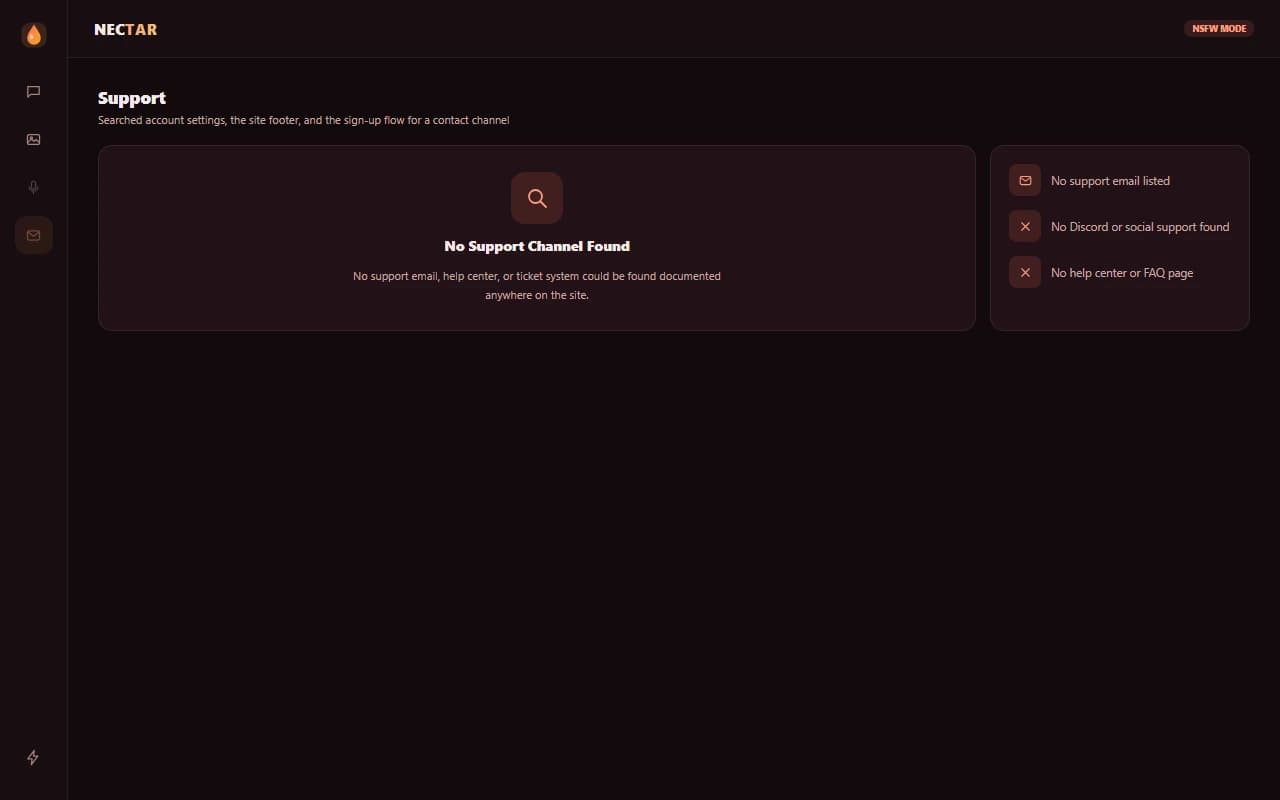 Nectar.ai support screen showing no dedicated help channel found Nectar.ai support screen showing no dedicated help channel found