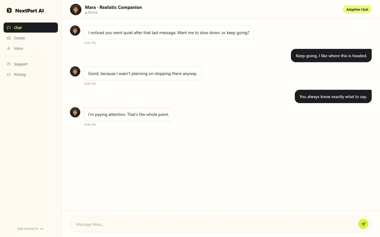 NextPart AI chat interface showing a conversation with an AI companion NextPart AI chat interface showing a conversation with an AI companion