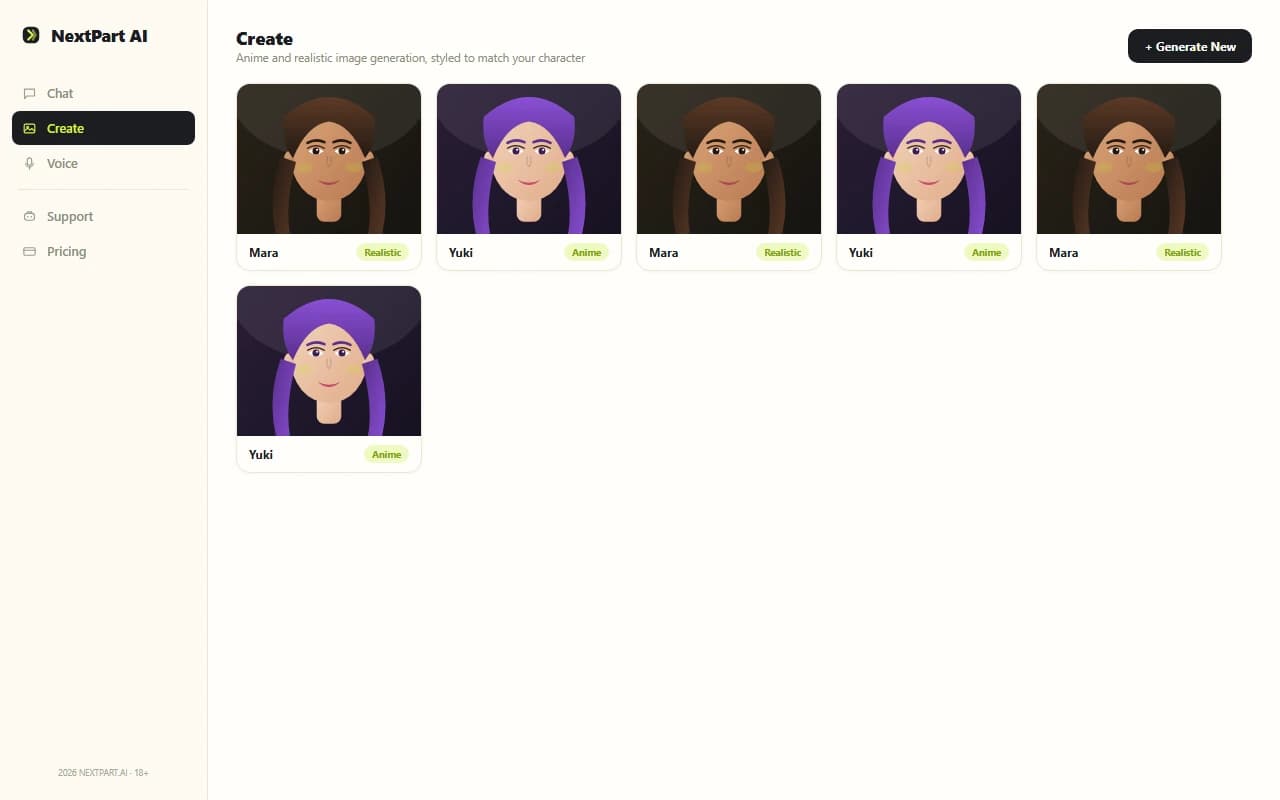 NextPart AI image generation results showing anime and realistic style character images NextPart AI image generation results showing anime and realistic style character images
