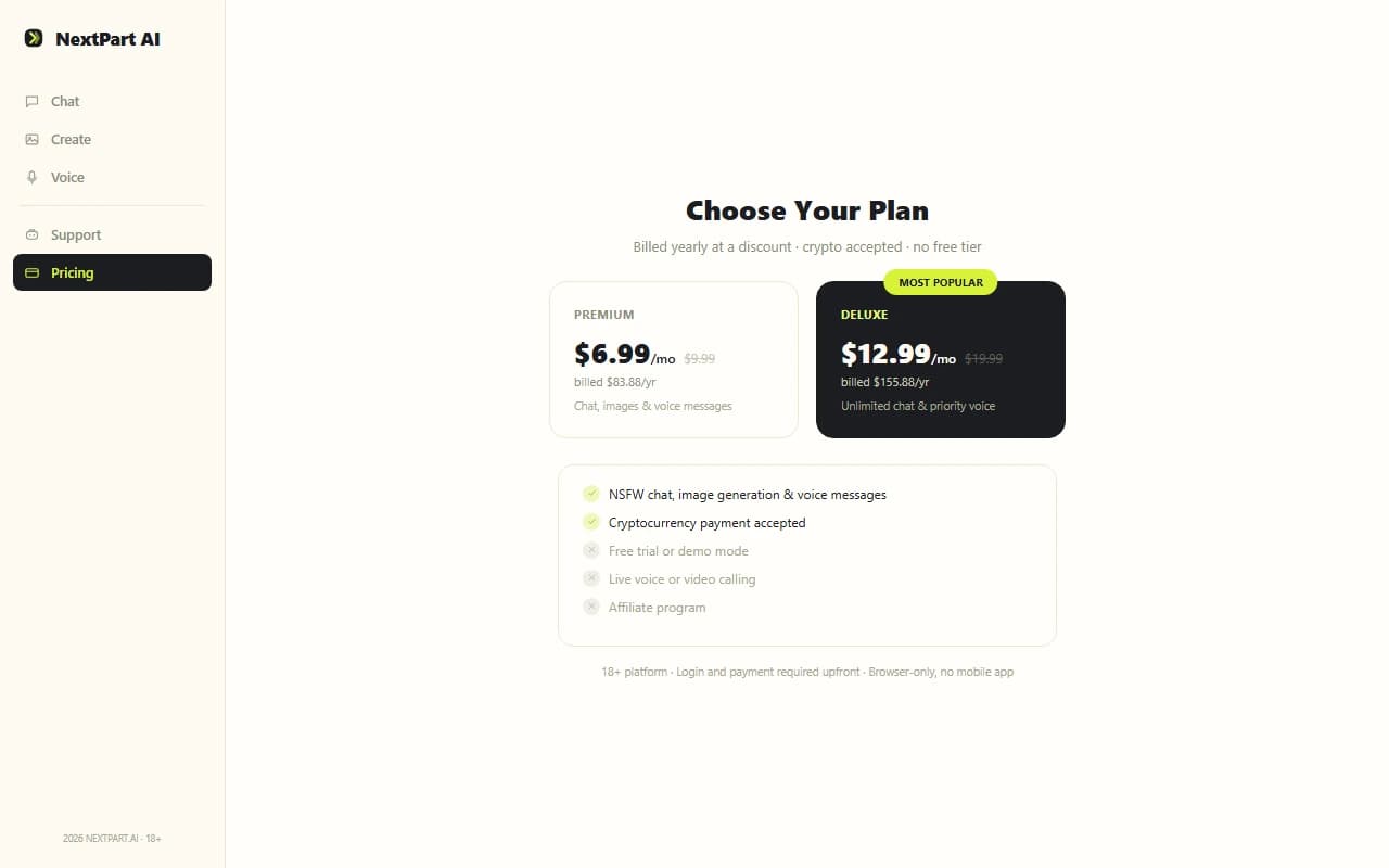 NextPart AI pricing page showing monthly and yearly subscription plans NextPart AI pricing page showing monthly and yearly subscription plans