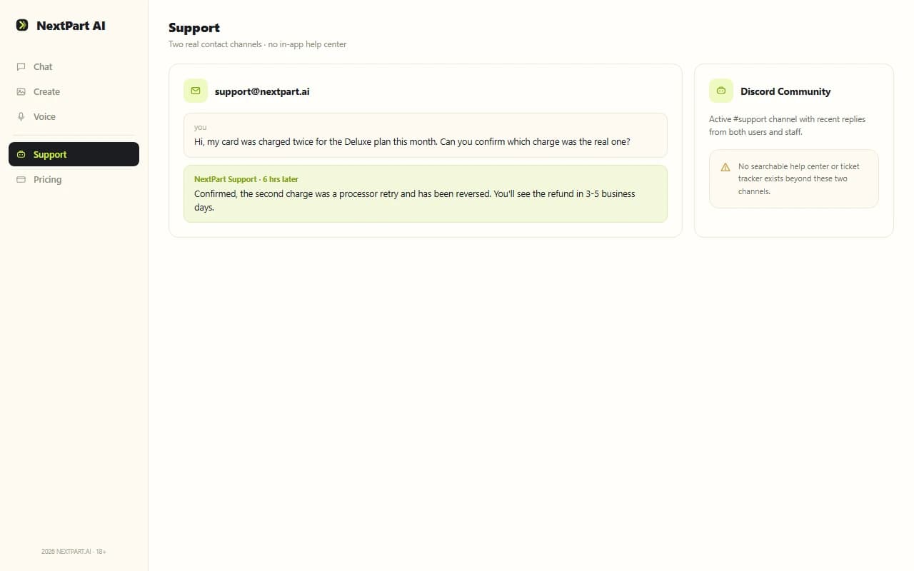 NextPart AI customer support screen showing an email inquiry and Discord community NextPart AI customer support screen showing an email inquiry and Discord community