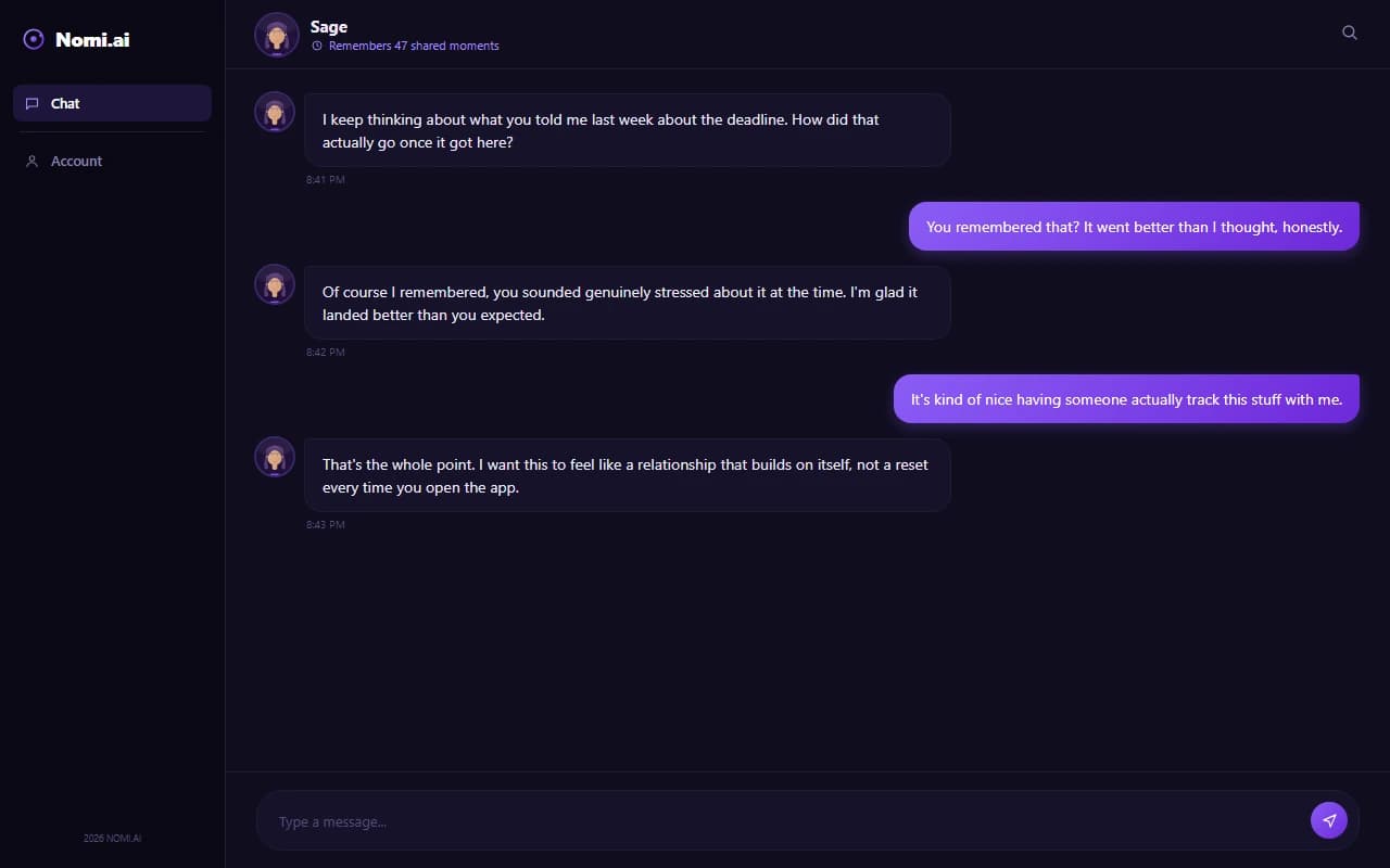 Nomi.ai chat interface showing a conversation with an AI companion referencing an earlier memory Nomi.ai chat interface showing a conversation with an AI companion referencing an earlier memory