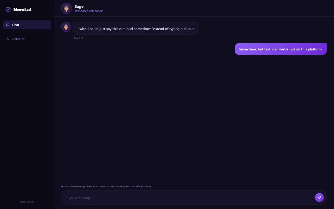 Nomi.ai chat screen showing no voice message or call option available Nomi.ai chat screen showing no voice message or call option available