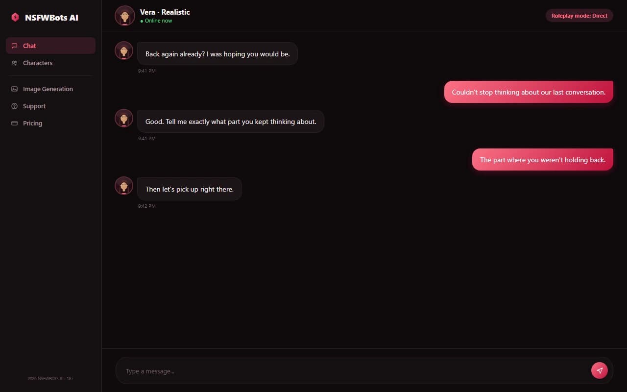 NSFWBots AI chat interface showing a conversation with an AI companion NSFWBots AI chat interface showing a conversation with an AI companion