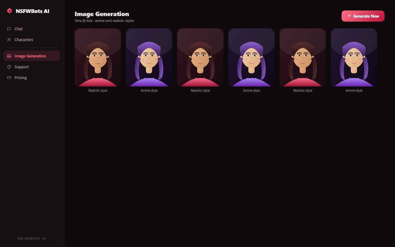 NSFWBots AI image generation results grid showing anime and realistic style companions NSFWBots AI image generation results grid showing anime and realistic style companions