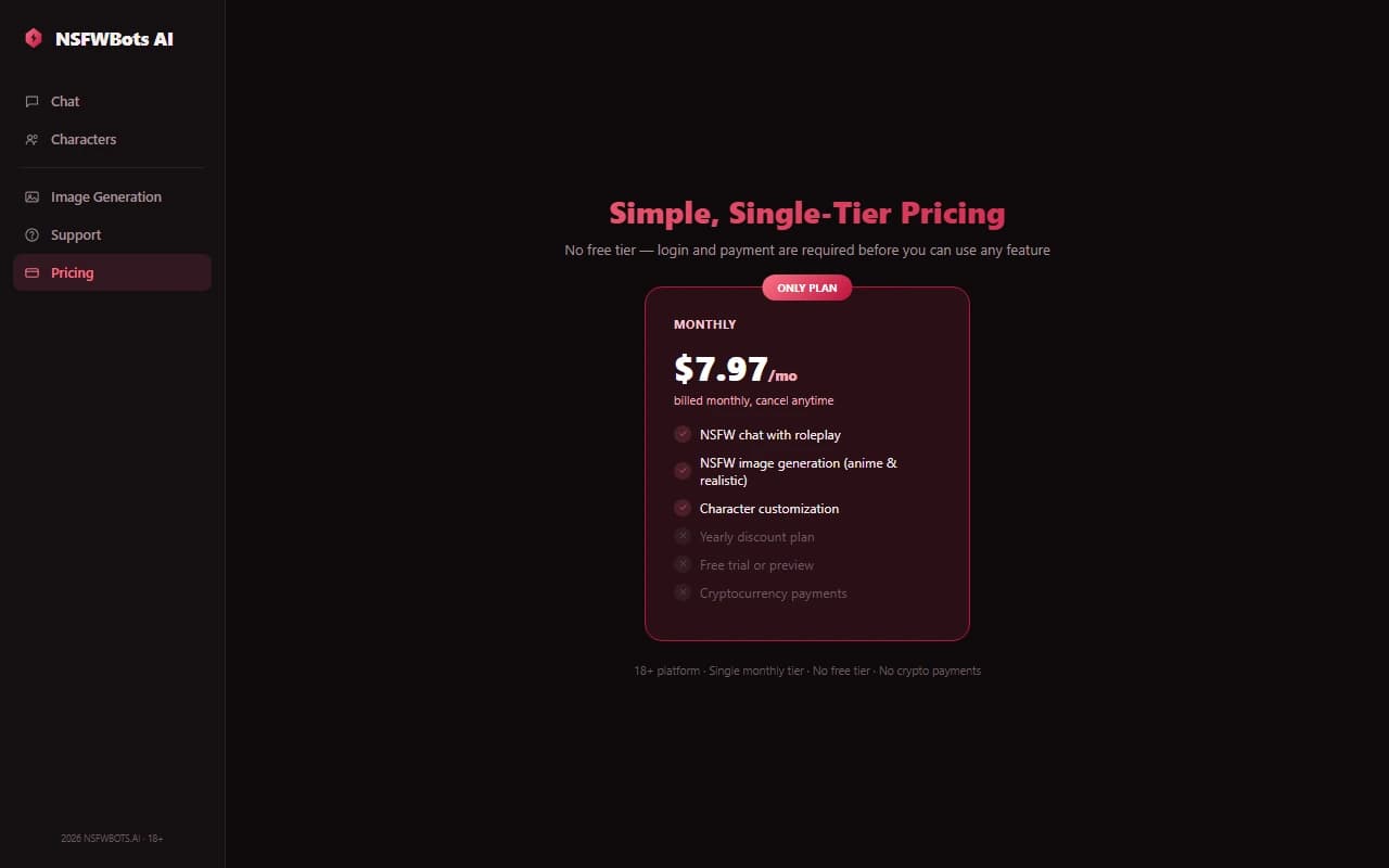 NSFWBots AI pricing page showing the single monthly subscription plan NSFWBots AI pricing page showing the single monthly subscription plan