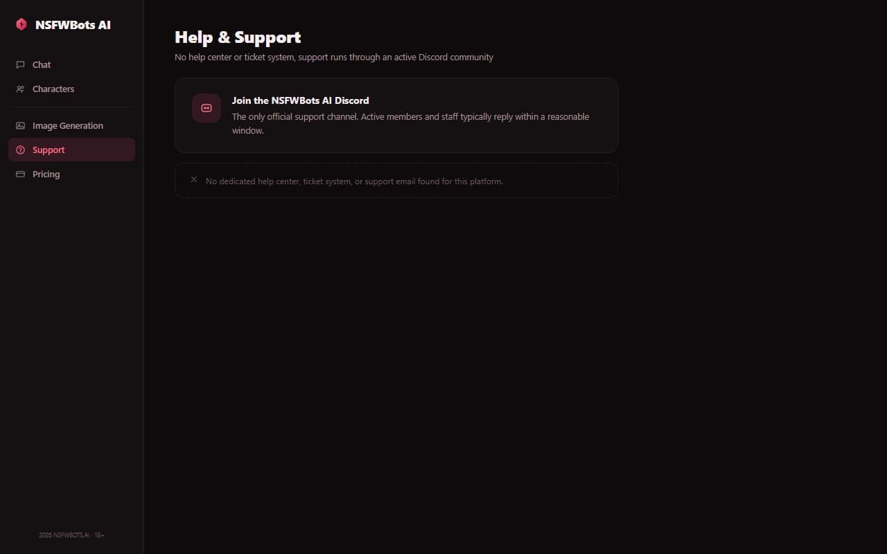 NSFWBots AI help and support page showing the Discord community as the main contact channel NSFWBots AI help and support page showing the Discord community as the main contact channel