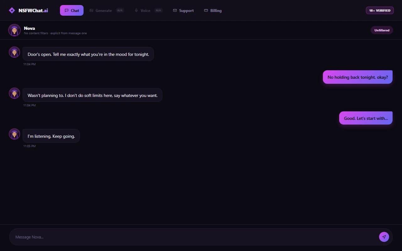 NSFWChatAI chat interface showing an explicit conversation with an AI persona NSFWChatAI chat interface showing an explicit conversation with an AI persona
